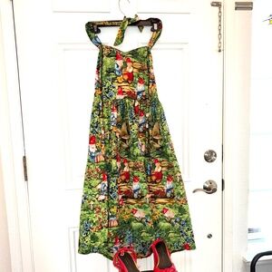 RARE Gnome Green Garden Pinup Dress Swing Retro Sz 8 100% Organic Cotton NEW M
